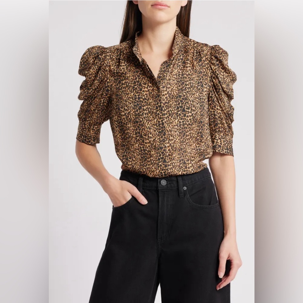 Gillian Leopard Print Puff Sleeve Silk Top
